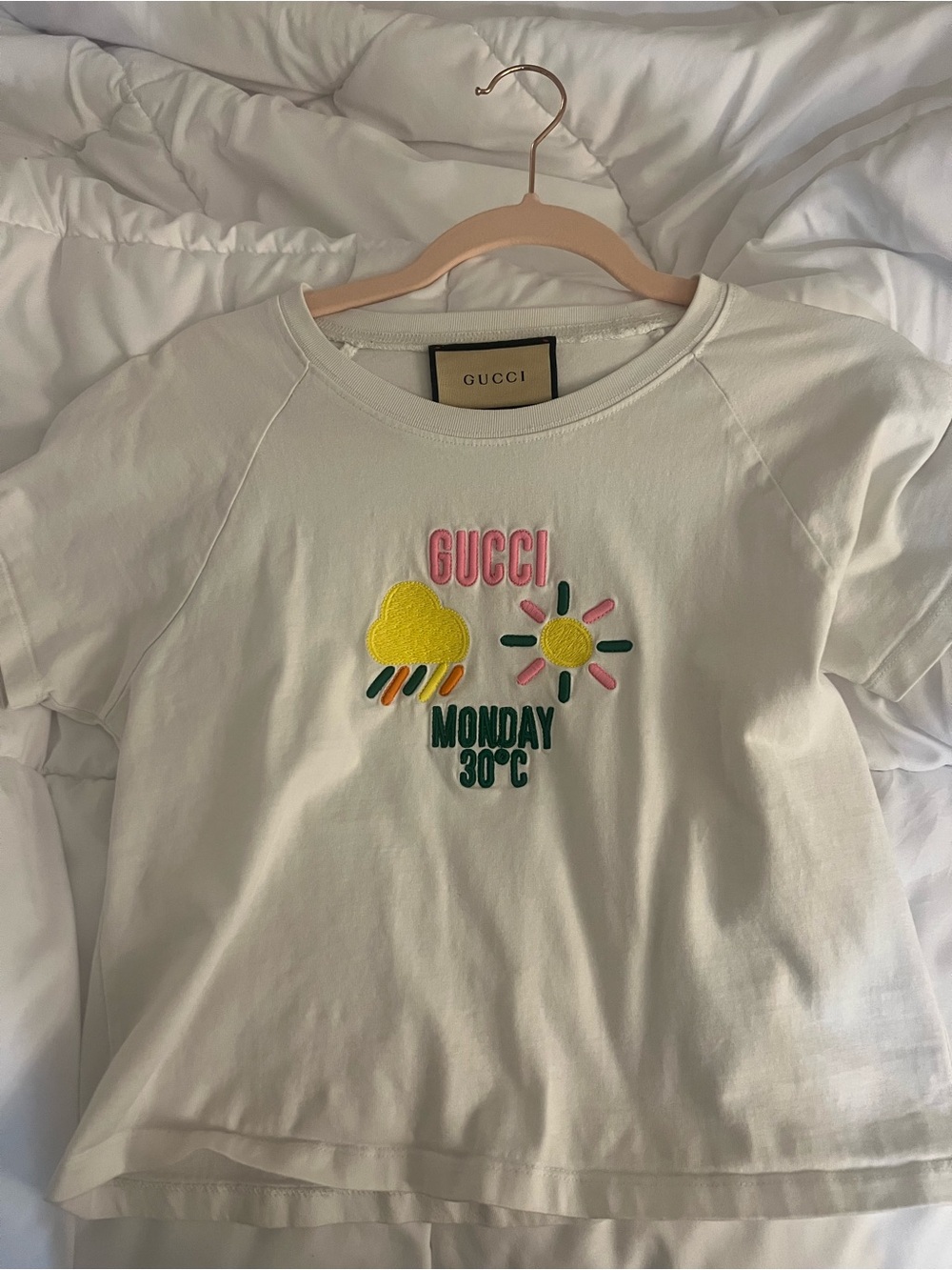Gucci White Embroidered 'Monday 30°C' Short Sleeve Tee